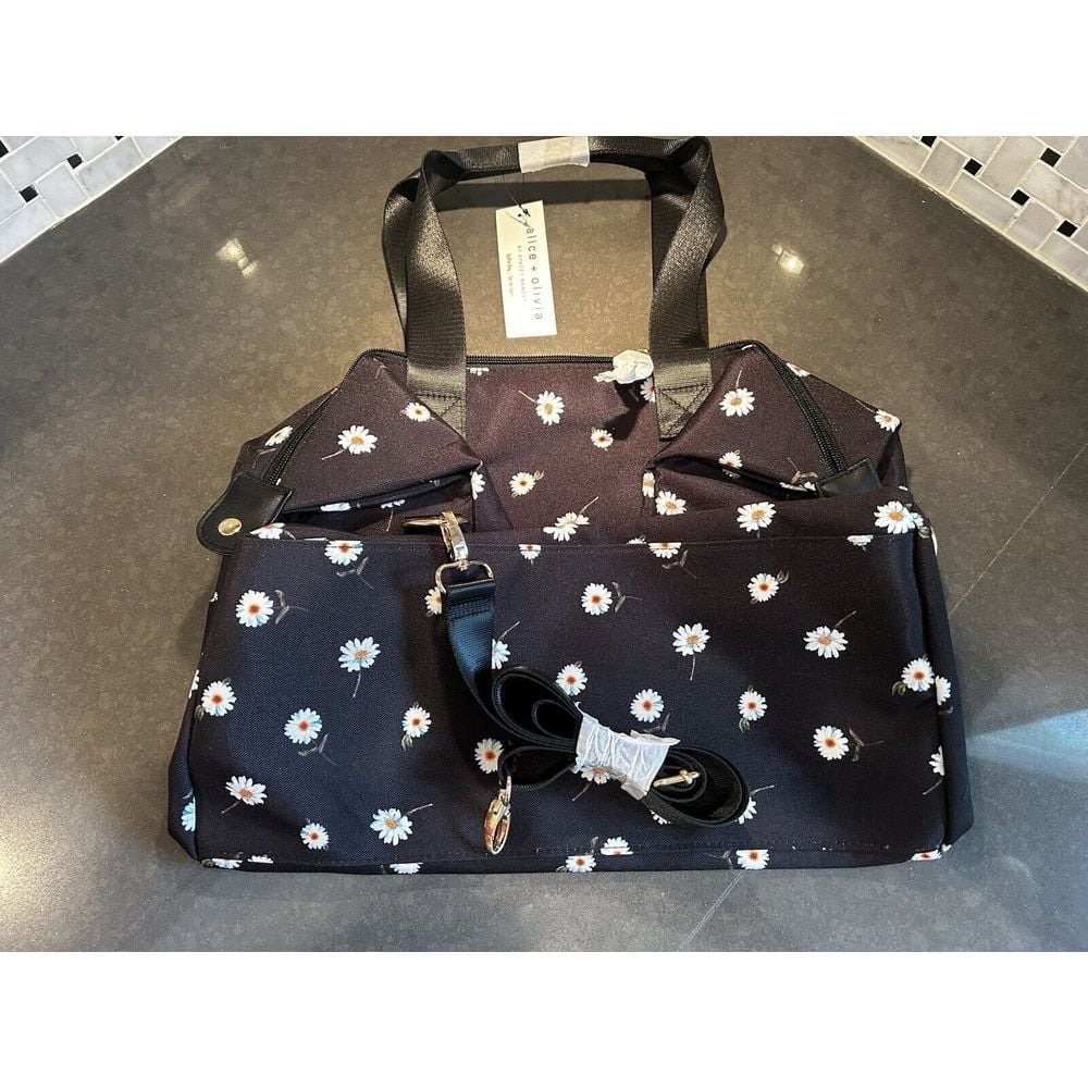 Alice + Olivia Daisy Black Floral Print Weekender Duffel Bag Overnight Handbag